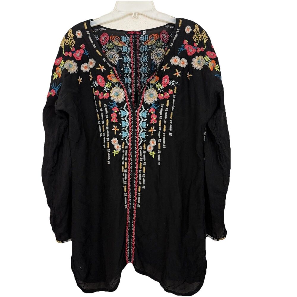 Johnny Was Embroidered Tunic Emily Top Womens Sz Small Black Boho Long Sleeves
